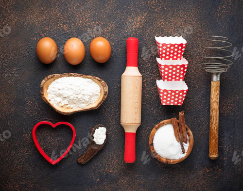 Preview: Ingredients for baking on rusty background