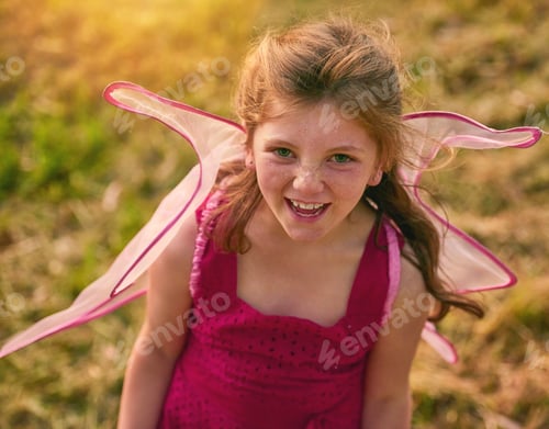 Preview: Portrait of a cute little girl looking up at the camera while playing in the park