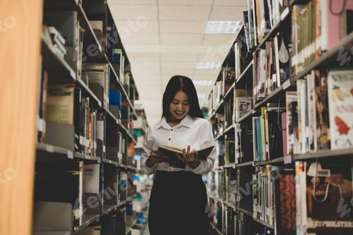 Preview: Young Asian women are searching for books and reading books on the tables and aisles of the college
