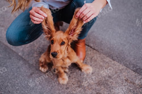 Preview: young woman at the street holding the funny big ears of her cute cocker dog. Lifestyle