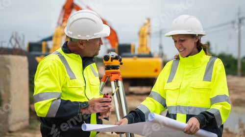 Preview: The survey team is using a theodolite and road construction plans.