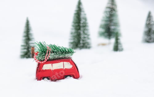 Preview: fir tree on a red car in snowy landscape