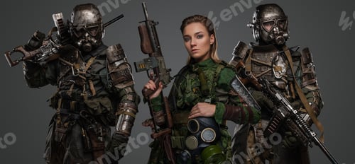 Preview: Woman with two comrades in post apocalyptic style