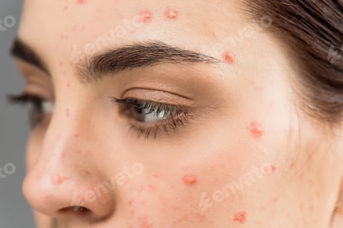 Preview: close up of woman with pimples on face isolated on grey