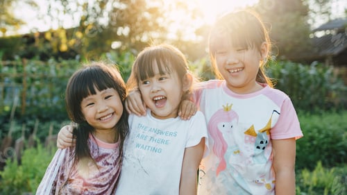 Preview: Happy and big smile emotion picture of siblings kids playing in the garden