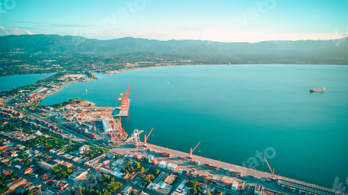 Preview: Aerial of seascape washing the shore of a harbor in Puerto Cortes, Honduras