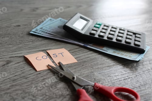 Preview: Scissor, calculator, money and note with text COST.