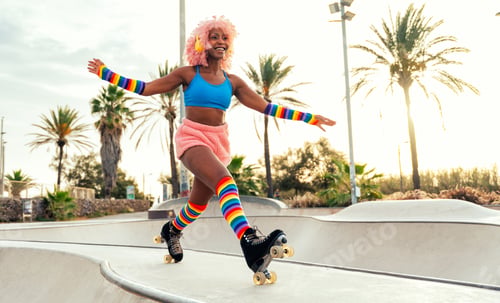 Preview: Beautiful woman skating with roller skates and having fun.