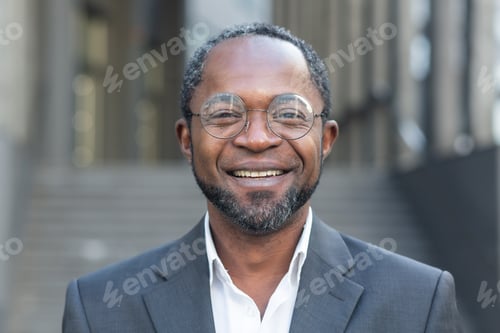 Preview: Close up photo portrait of successful and smiling African American man, businessman wearing glasses
