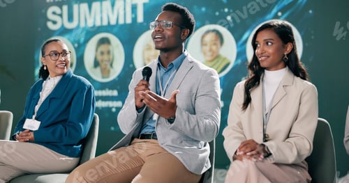 Preview: Presentation, black man or talking at seminar for speech, climate change or sustainability. Male re