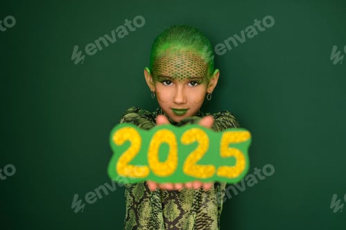 Preview: Unfocused numbers 2025 in the hands of teenage girl with makeup imitating the skin of snake.