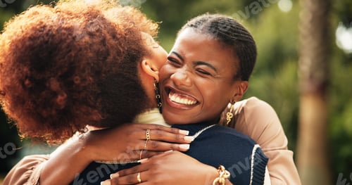 Preview: Women, happy and outdoor with hug for reunion, care and smile for weekend visit. Students, best fri