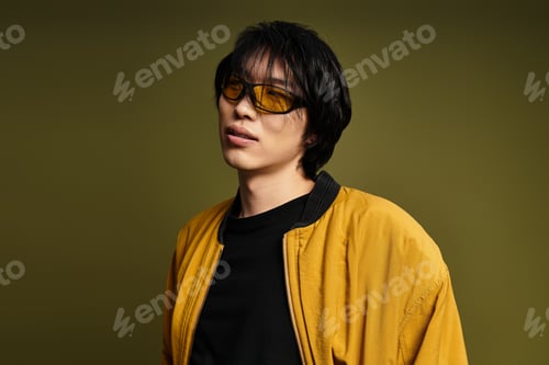 Preview: Stylish young man poses confidently in a vibrant studio setting with modern flair