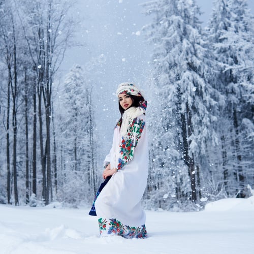 Preview: woman in white dress embroidered with floral design, colorful kerchief with blue shoulder bag.