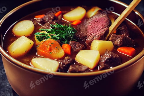 Preview: Close-up food photography of hearty Beef Stew with potato in crock pot and a side of toast