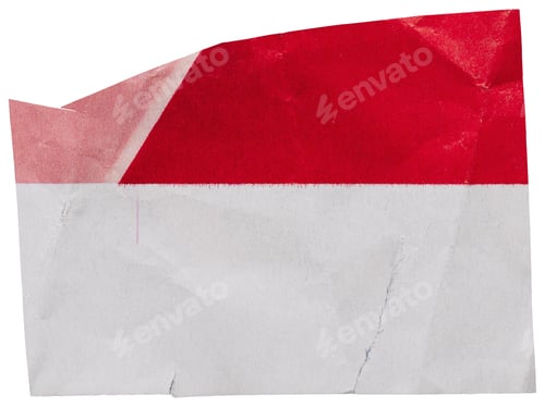 Preview: White crumpled scrap of paper with red print cut out from magazine, isolated for collage, copy space