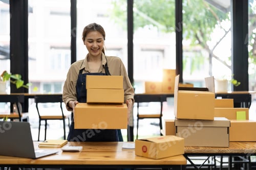 Preview: Startup SME small business entrepreneur SME or freelance Asian woman using a laptop with box