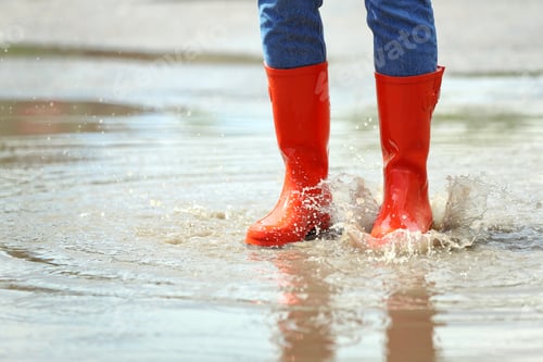 Preview: Woman with red rubber boots in puddle, closeup. Rainy weather