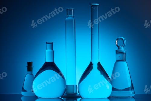 Preview: different glass flasks with liquid in chemical laboratory on blue