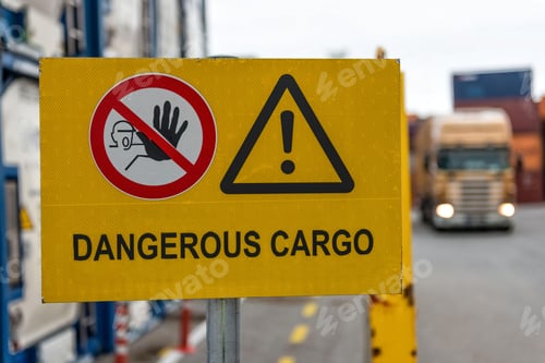 Preview: Signs warn of job security. Sign 'dangerous cargo'.
