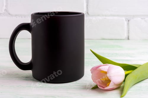 Preview: Black coffee mug mockup with gentle pink tulip