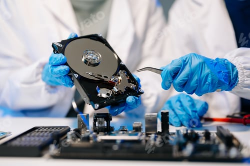 Preview: Hard disk drive on the technician's desk and a computer motherboard as a component. the concept