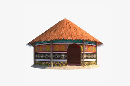Preview: Thatched African Hut with Ethnic Ornamentation