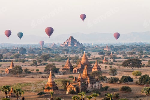 Preview: Hot air balloons drifting over an ancient temple landscape at sunrise