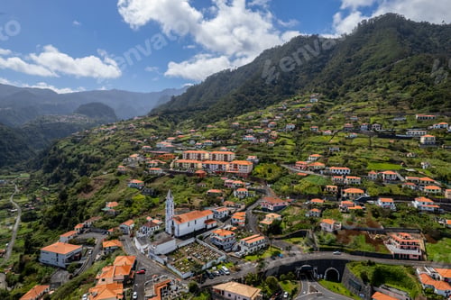 Preview: Townscape of small village of Faial in Madeira Island, Portugal. Aerial drone view.