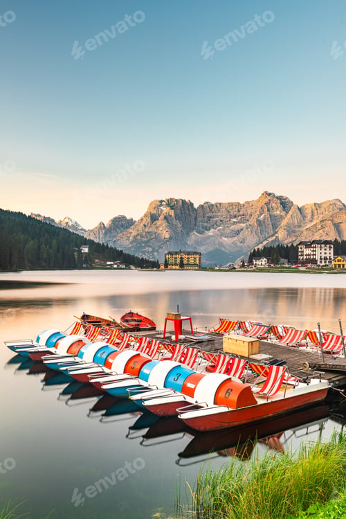 Preview: Beautiful Colorful Boats at Lake Misurina in Italian Dolomites a