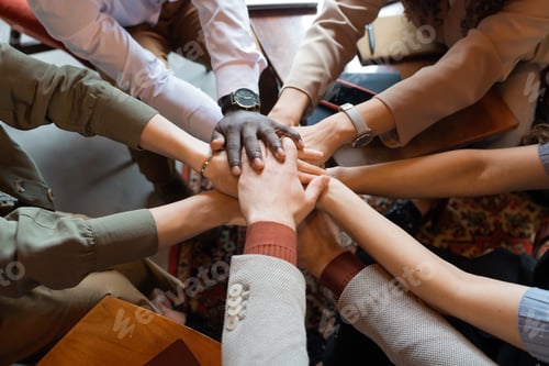 Preview: Arms of multiracial colleagues making pile of hands