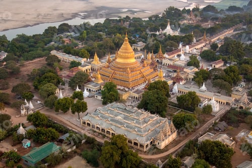 Preview: An early morning aerial view of the Shwezigon Buddhist Temple in the ancient city of Bagan in