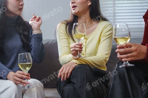 Preview: Friends enjoying white wine and chatting together on sofa