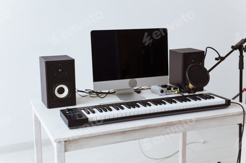 Preview: Synthesizer keyboard digital recording, home music record studio concept.
