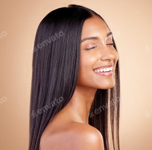 Preview: Happy, hair and woman, beauty and shine with cosmetic care isolated on brown studio background. Fem