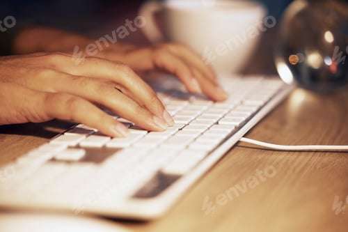 Preview: Keyboard, hands and night woman typing online data analysis, feedback report or customer experience