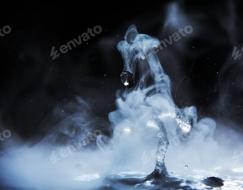 Preview: Boiling water splash with steam on black background closeup