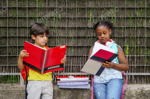 Preview: multiethnic children with backpacks doing homework at school entrance