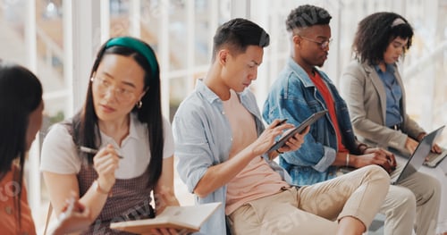 Preview: Diversity campus students with notebook, technology and study for college exam, university test or