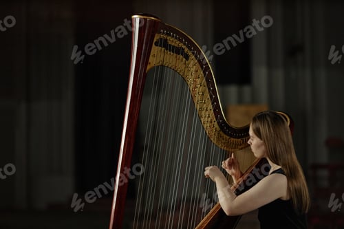 Preview: Female Musician Gently Plucking Strings of Harp with Fingers Playing Music Indoors