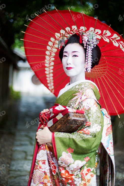 Preview: A woman dressed in the traeditional geisha style, wearing a kimono and obi, with an elaborate