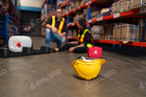Preview: Mature foreman igiving first aid to staff suffering after working injury.