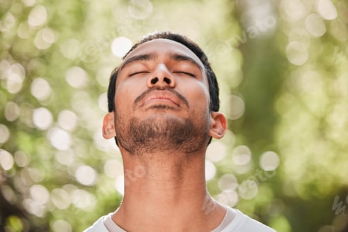 Preview: Man, breathing and relax with peace in nature for exercise, workout or meditation for zen after fit