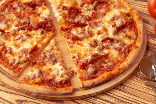 Preview: Freshly baked pizza on table close up