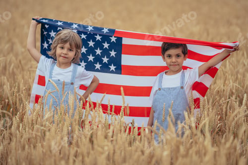 Preview: Little Boys American Patriots Kids With National Flag in Wheat Field At Summer