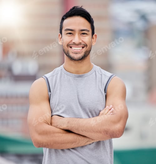 Preview: Happy personal trainer, portrait of strong man and body goals for exercise motivation in Mexico. Yo