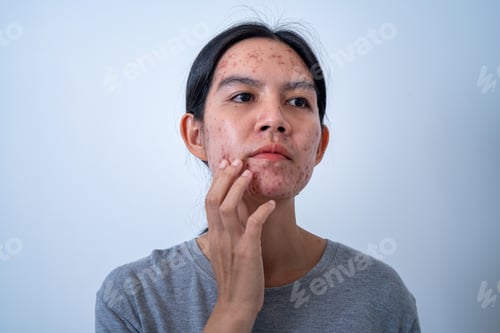 Preview: Acne on face because the disorders of sebaceous glands productions. Acne or a Cosmetic Allergy.