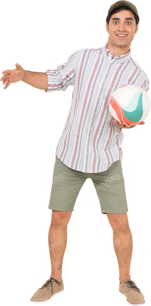 Preview: a man wearing shorts and a striped shirt holding a ball