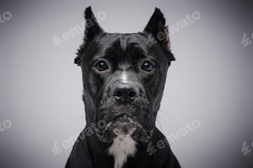 Preview: Headshot of black purebred dog against white studio background