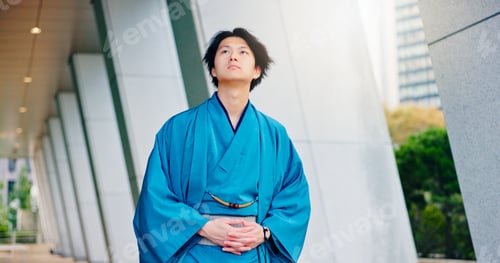 Preview: Kimono, culture and thinking with Japanese man in city for Shinto ceremony, fashion and vision. Res